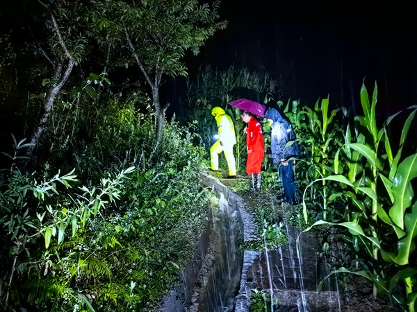 《雨中巡查滑坡點》。7月3日夜間，巫山縣銅鼓鎮(zhèn)下大雨，為保障群眾生命財產(chǎn)安全，銅鼓鎮(zhèn)副鎮(zhèn)長、地質(zhì)災(zāi)害防治“四重”網(wǎng)格化片區(qū)負責(zé)人劉勇（右一），帶領(lǐng)銅鼓鎮(zhèn)政法委員、人武部長歐云鑫（右三）及駐守銅鼓鎮(zhèn)的地質(zhì)工程師王忠凌（右二）雨中前往地災(zāi)滑坡點現(xiàn)場巡查。謝清艮攝